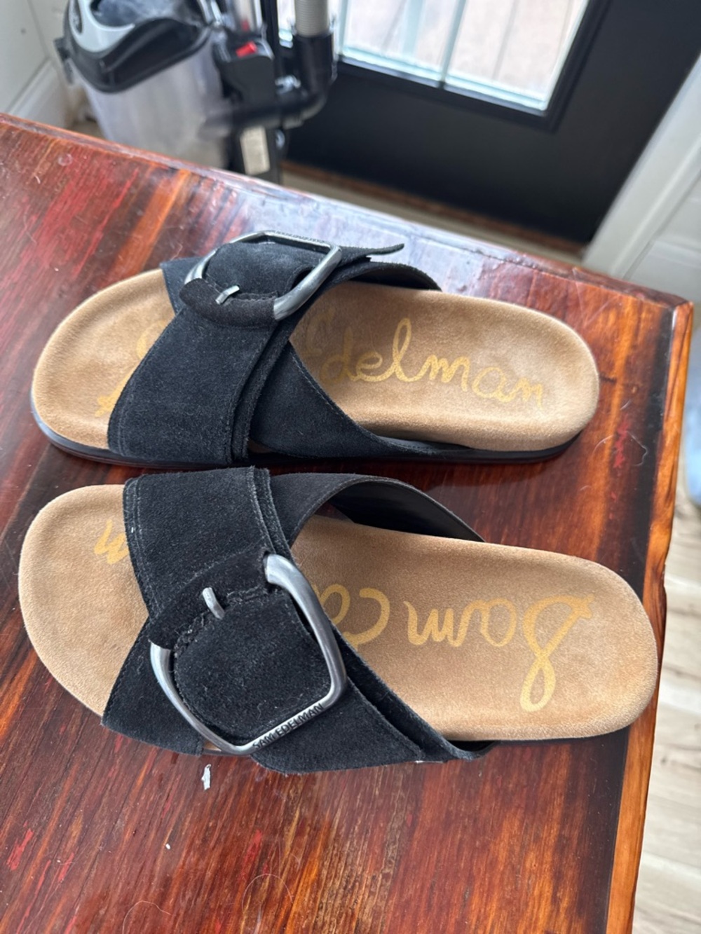 Sam Edelman Black Suede Slide Sandals with Silver Buckles